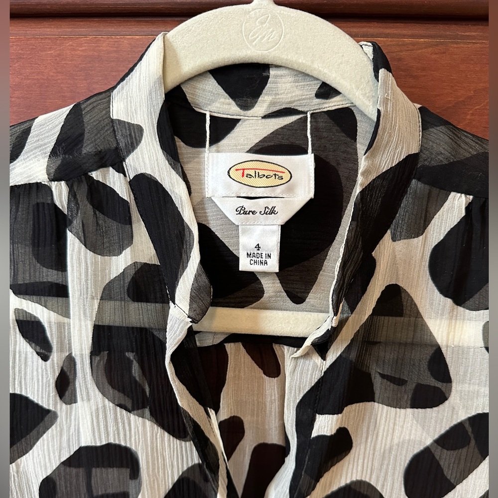 Talbots Silk Henley Blouse Black White Animal Print